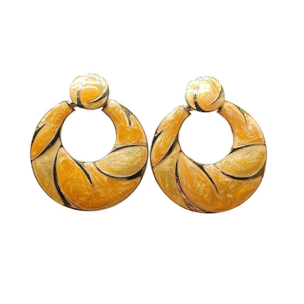 Vintage 1980s Gold Tone Orange Enamel Swirl Dangle Post Earrings